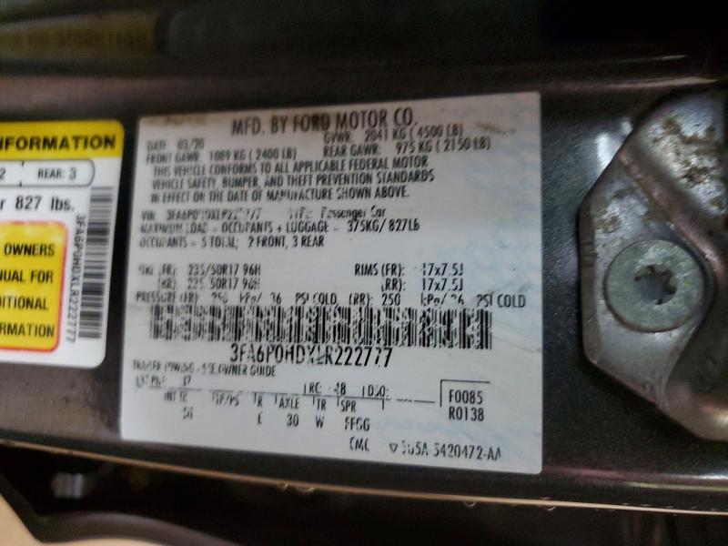 Aukcja sprzedaży 2020 Ford Fusion, vin: 3FA6P0HDXLR222777, numer aukcji: 64435396