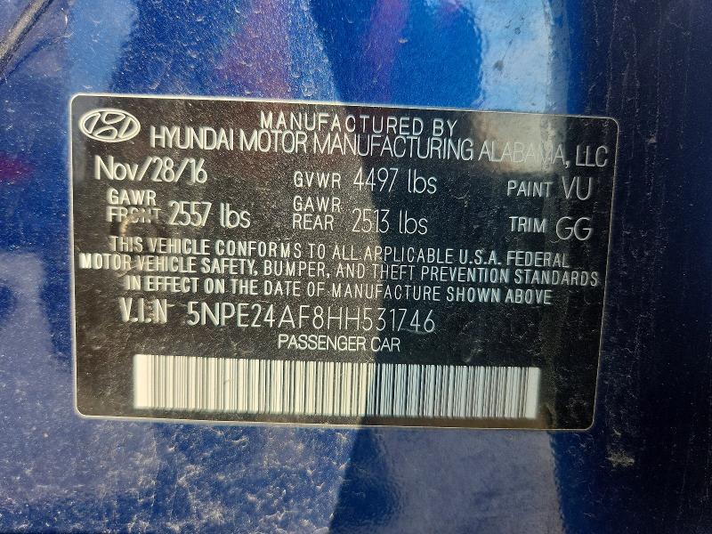 Продаж на аукціоні авто 2017 Hyundai Sonata, vin: 5NPE24AF8HH531746, номер лоту: 63799596