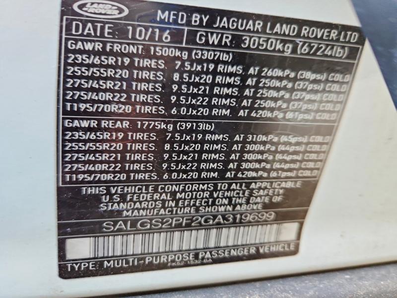 Aukcja sprzedaży 2016 Land Rover Range Rover, vin: SALGS2PF2GA319699, numer aukcji: 66529106