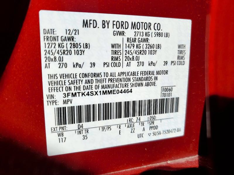 Aukcja sprzedaży 2021 Ford Mustang Mach-e, vin: 3FMTK4SX1MME04464, numer aukcji: 66218396