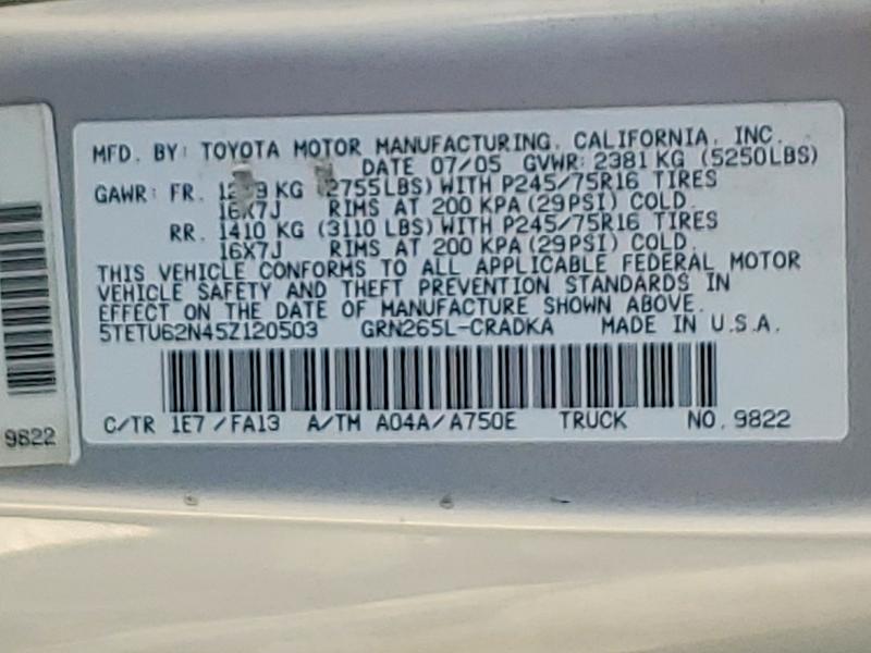 2005 Toyota Tacoma მანქანა იყიდება აუქციონზე, vin: 5TETU62N45Z120503, აუქციონის ნომერი: 63522286