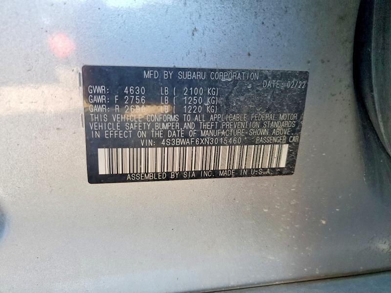 Aukcja sprzedaży 2022 Subaru Legacy, vin: 4S3BWAF6XN3015460, numer aukcji: 63714396