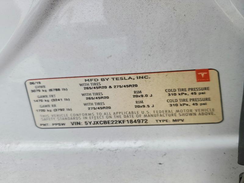 2019 Tesla Model X მანქანა იყიდება აუქციონზე, vin: 5YJXCBE22KF184972, აუქციონის ნომერი: 62392236