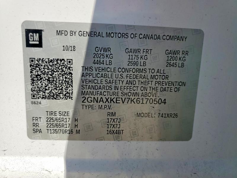 65112986 :رقم المزاد ، 2GNAXKEV7K6170504 vin ، 2019 Chevrolet Equinox مزاد بيع