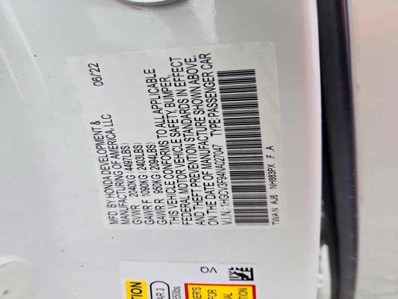 2022 Honda Accord მანქანა იყიდება აუქციონზე, vin: 1HGCV3F94NA027047, აუქციონის ნომერი: 63615446