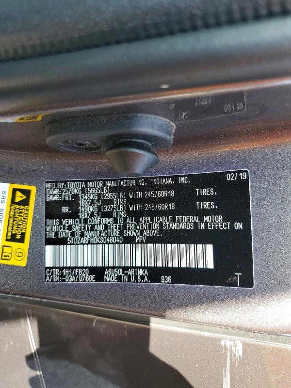 Продажа на аукционе авто 2019 Toyota Highlander, vin: 5TDZARFH0KS048040, номер лота: 63768756