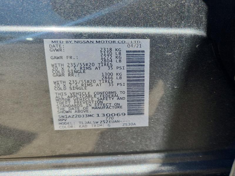 65496536 :رقم المزاد ، 5N1AZ2DJ3MC130069 vin ، 2021 Nissan Murano مزاد بيع