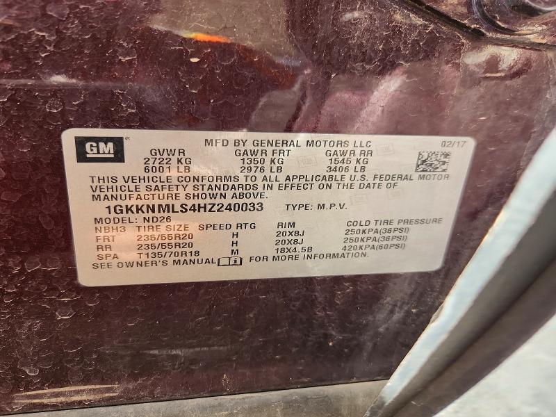 Aukcja sprzedaży 2017 Gmc Acadia, vin: 1GKKNMLS4HZ240033, numer aukcji: 63429376