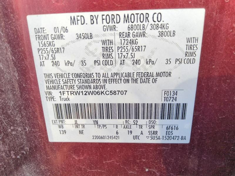 66724176 :رقم المزاد ، 1FTRW12W06KC58707 vin ، 2006 Ford F150 مزاد بيع