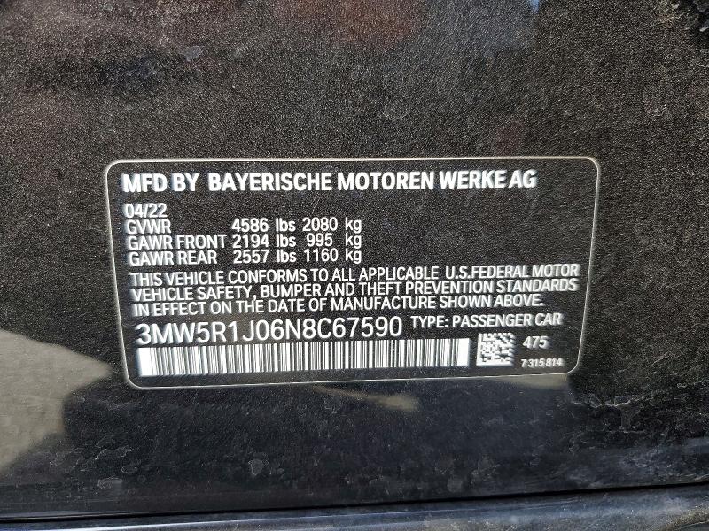 Aukcja sprzedaży 2022 Bmw 330i, vin: 3MW5R1J06N8C67590, numer aukcji: 65056476