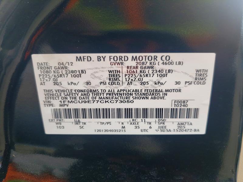2012 Ford Escape მანქანა იყიდება აუქციონზე, vin: 1FMCU9E77CKC73050, აუქციონის ნომერი: 64487136
