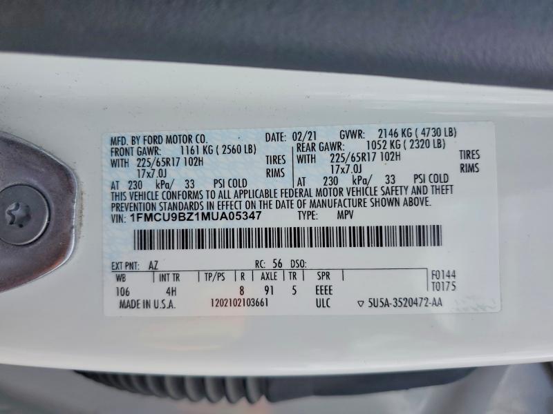 65584446 :رقم المزاد ، 1FMCU9BZ1MUA05347 vin ، 2021 Ford Escape مزاد بيع