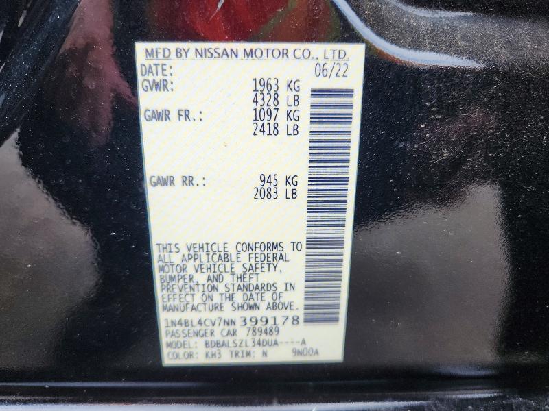 2022 Nissan Altima მანქანა იყიდება აუქციონზე, vin: 1N4BL4CV7NN399178, აუქციონის ნომერი: 64005816