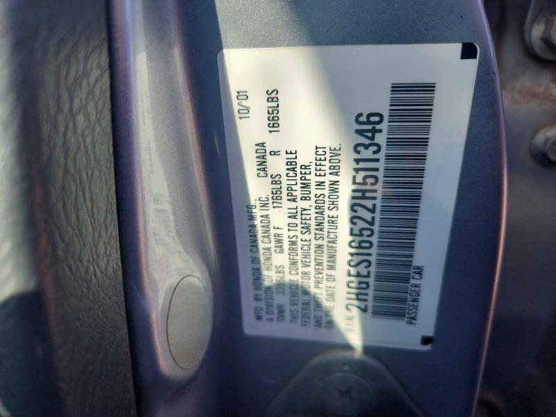 Aukcja sprzedaży 2002 Honda Civic, vin: 2HGES16522H511346, numer aukcji: 63712386