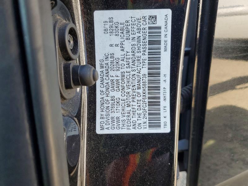 66058646 :رقم المزاد ، 2HGFC2F6XKH588739 vin ، 2019 Honda Civic مزاد بيع