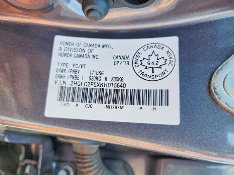 Auction sale of the 2019 Honda Civic, vin: 2HGFC2F5XKH015640, lot number: 64407026