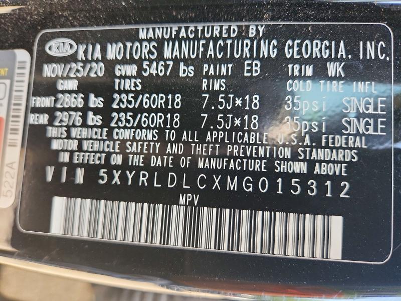 2021 Kia Sorento მანქანა იყიდება აუქციონზე, vin: 5XYRLDLCXMG015312, აუქციონის ნომერი: 65378566