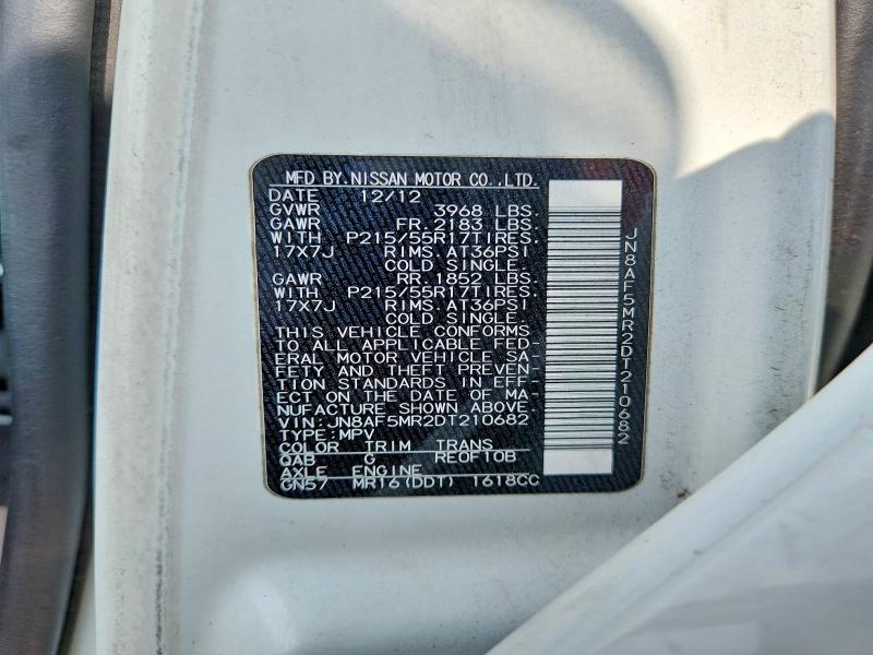 2013 Nissan Juke მანქანა იყიდება აუქციონზე, vin: JN8AF5MR2DT210682, აუქციონის ნომერი: 63057006