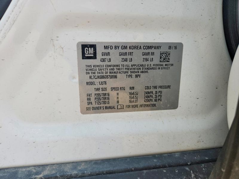 Aukcja sprzedaży 2016 Chevrolet Trax, vin: KL7CJNSB6GB758586, numer aukcji: 64019536