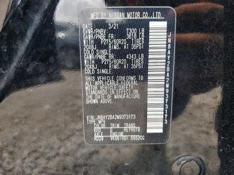 63617616 :رقم المزاد ، JN8AY2BA2M9373173 vin ، 2021 Nissan Armada مزاد بيع