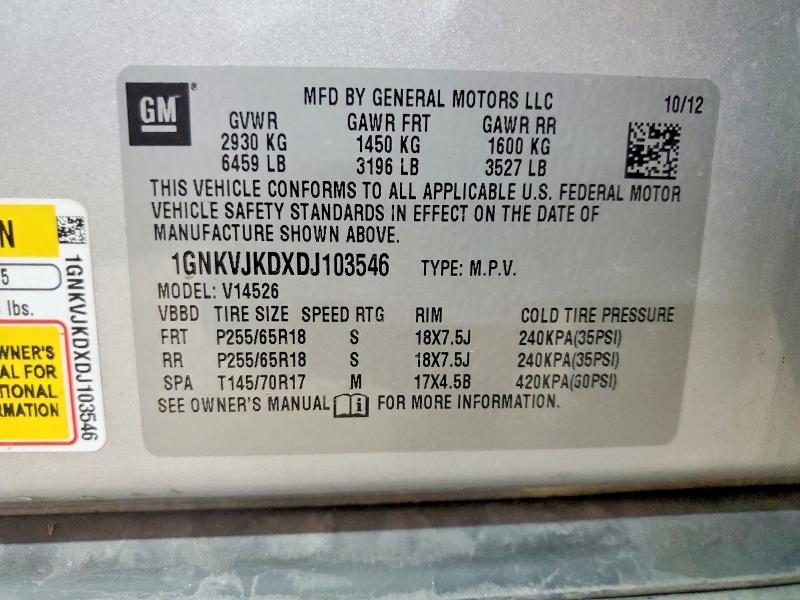 2013 Chevrolet Traverse მანქანა იყიდება აუქციონზე, vin: 1GNKVJKDXDJ103546, აუქციონის ნომერი: 63791106