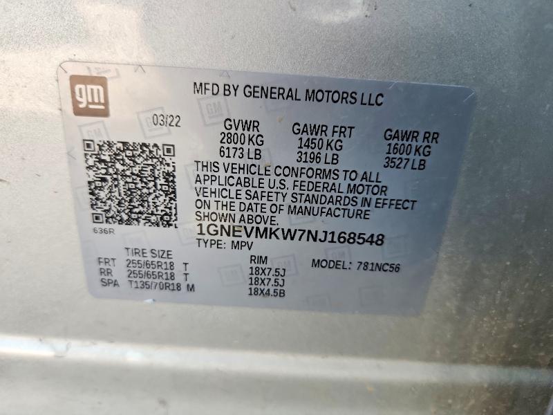 Auction sale of the 2022 Chevrolet Traverse, vin: 1GNEVMKW7NJ168548, lot number: 64024256