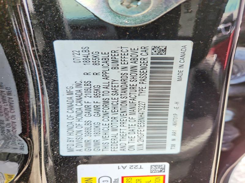 Aukcja sprzedaży 2022 Honda Civic, vin: 2HGFE1E58NH475227, numer aukcji: 65524136