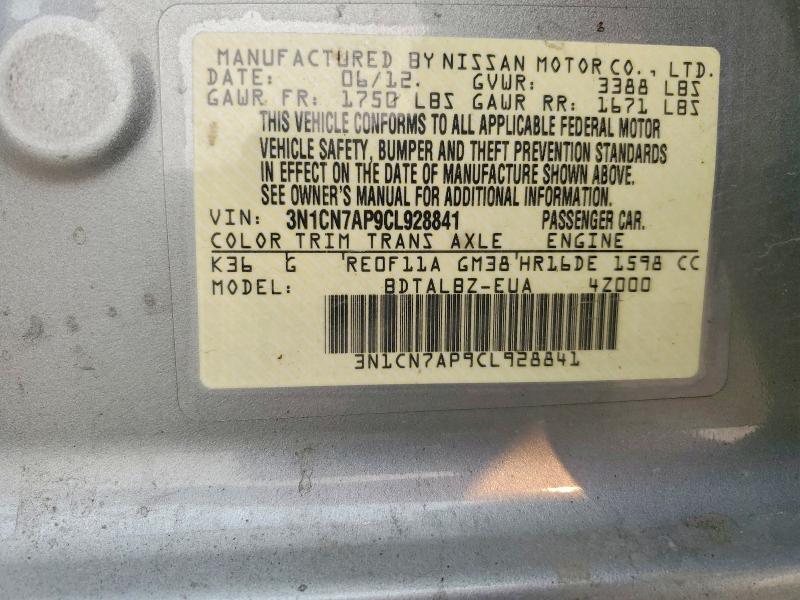 Aukcja sprzedaży 2012 Nissan Versa, vin: 3N1CN7AP9CL928841, numer aukcji: 64505076