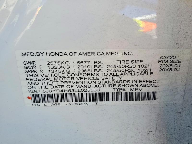 64073116 :رقم المزاد ، 5J8YD4H53LL025560 vin ، 2020 Acura Mdx مزاد بيع