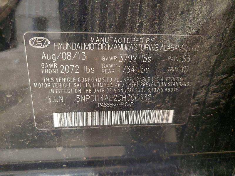 66454006 :رقم المزاد ، 5NPDH4AE2DH396632 vin ، 2013 Hyundai Elantra مزاد بيع