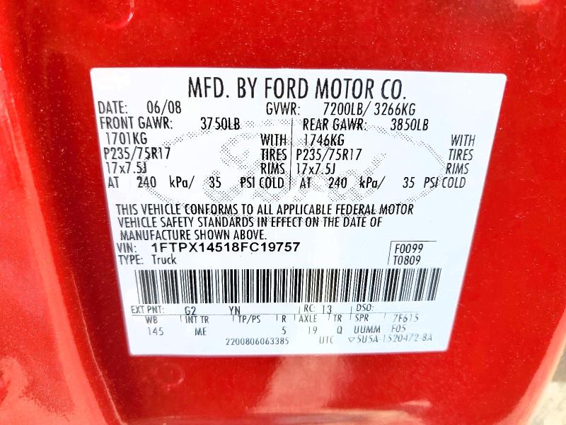65506186 :رقم المزاد ، 1FTPX14518FC19757 vin ، 2008 Ford F150 مزاد بيع