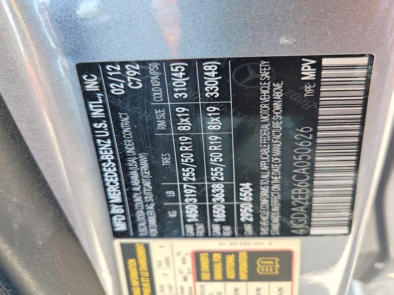 66218446 :رقم المزاد ، 4JGDA2EB6CA050626 vin ، 2012 Mercedes-benz Ml مزاد بيع