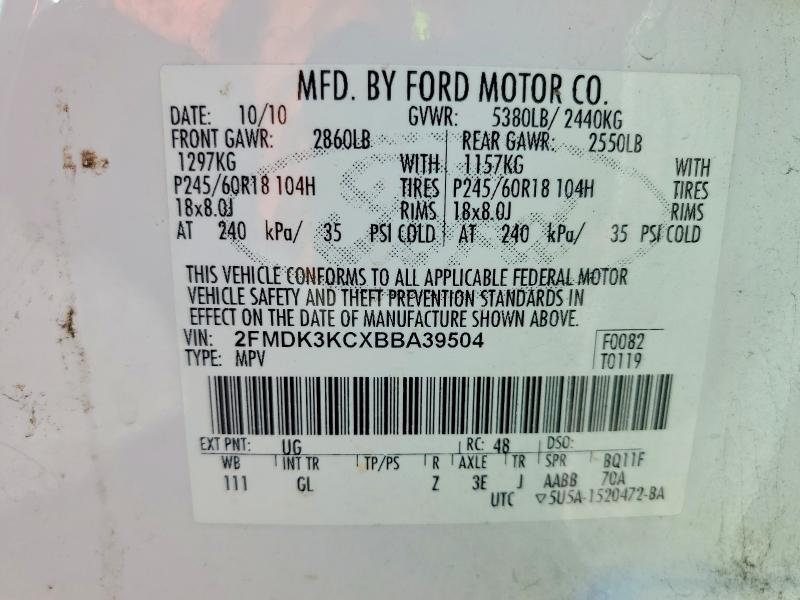 64283066 :رقم المزاد ، 2FMDK3KCXBBA39504 vin ، 2011 Ford Edge مزاد بيع