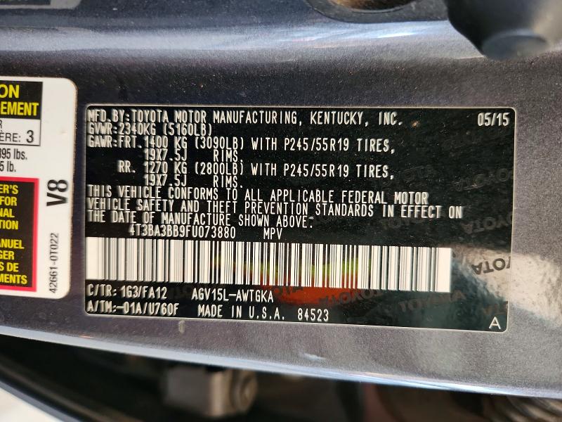 65555766 :رقم المزاد ، 4T3BA3BB9FU073880 vin ، 2015 Toyota Venza مزاد بيع
