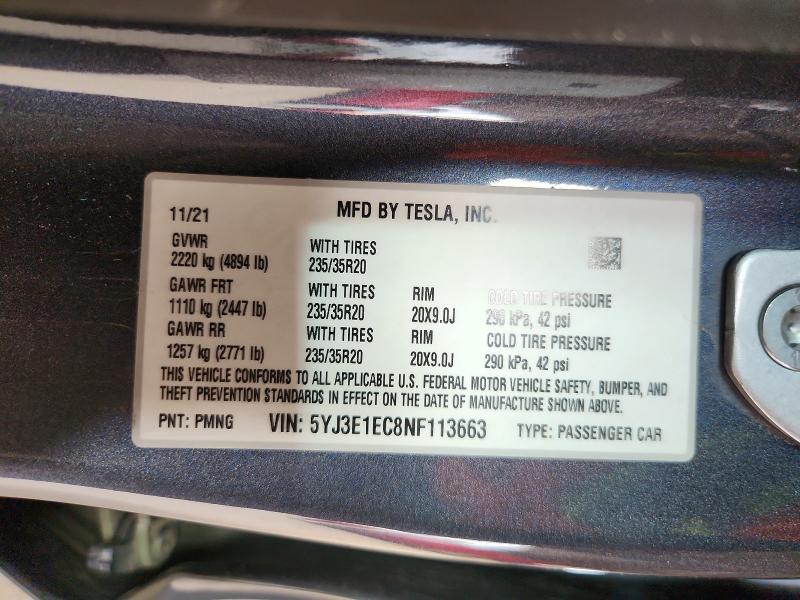 65924936 :رقم المزاد ، 5YJ3E1EC8NF113663 vin ، 2022 Tesla Model 3 مزاد بيع