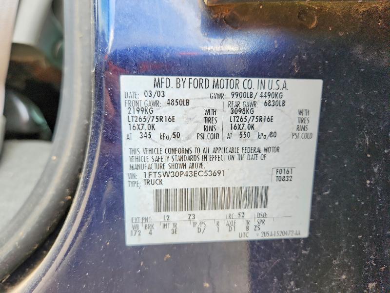 2003 Ford F350 მანქანა იყიდება აუქციონზე, vin: 1FTSW30P43EC53691, აუქციონის ნომერი: 63670626