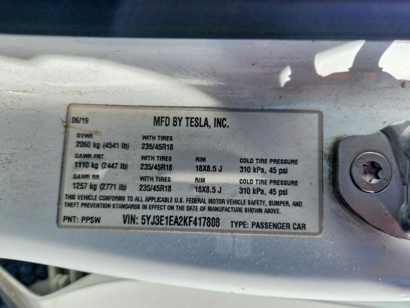 63875976 :رقم المزاد ، 5YJ3E1EA2KF417808 vin ، 2019 Tesla Model 3 مزاد بيع