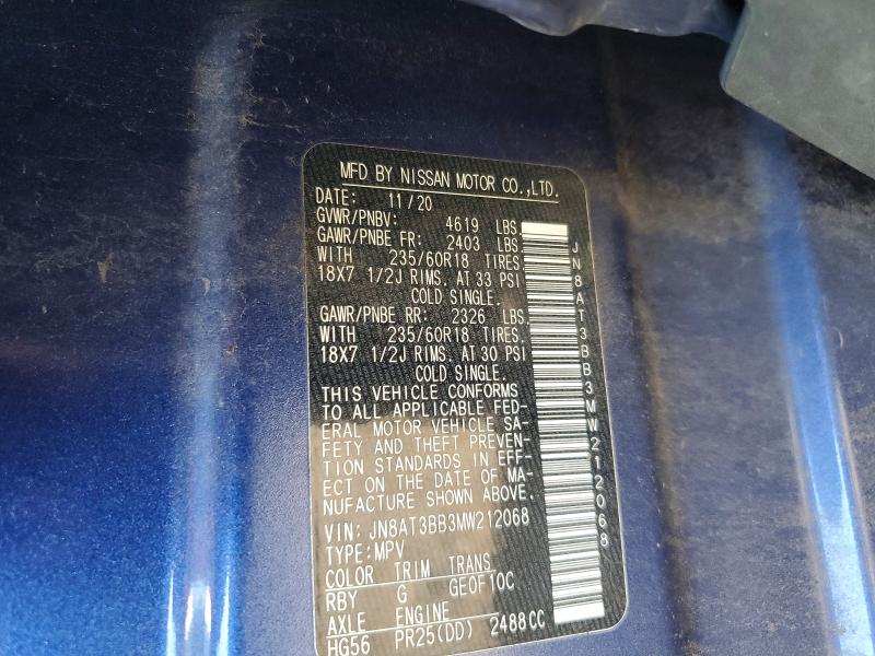 2021 Nissan Rogue მანქანა იყიდება აუქციონზე, vin: JN8AT3BB3MW212068, აუქციონის ნომერი: 65831836