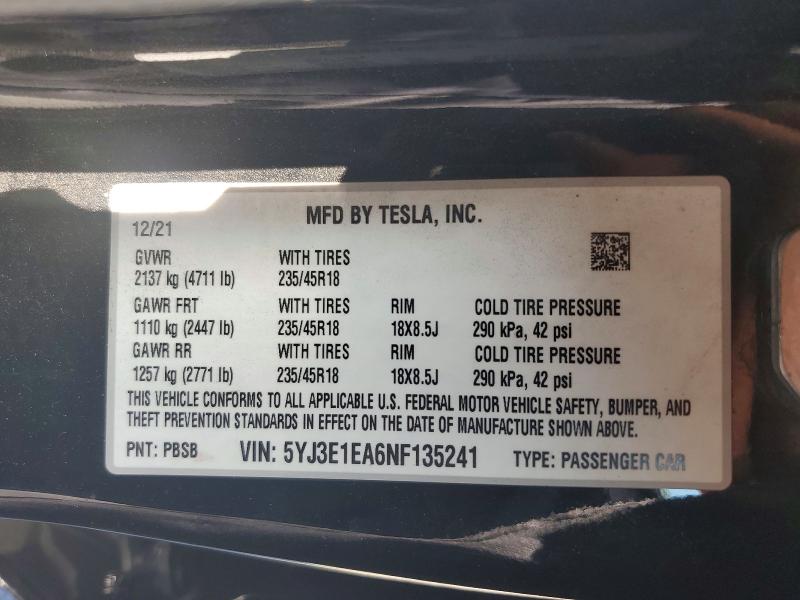 Aukcja sprzedaży 2022 Tesla Model 3, vin: 5YJ3E1EA6NF135241, numer aukcji: 63353946