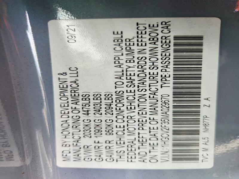 2021 Honda Accord მანქანა იყიდება აუქციონზე, vin: 1HGCV2F35MA029670, აუქციონის ნომერი: 63640186