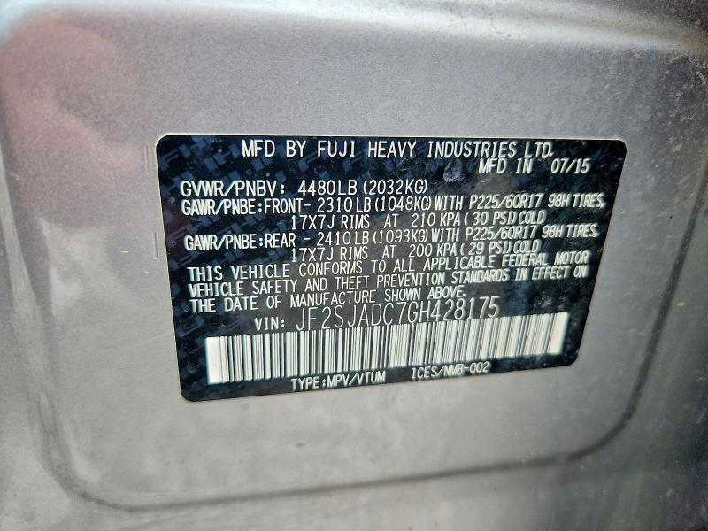 Продаж на аукціоні авто 2016 Subaru Forester, vin: JF2SJADC7GH428175, номер лоту: 64681016