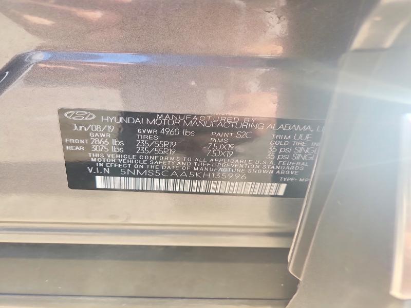 2019 Hyundai Santa Fe მანქანა იყიდება აუქციონზე, vin: 5NMS5CAA5KH135996, აუქციონის ნომერი: 66058036