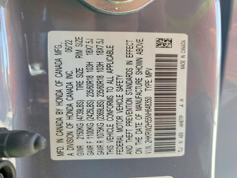 2022 Honda Cr-v მანქანა იყიდება აუქციონზე, vin: 2HKRW2H55NH648350, აუქციონის ნომერი: 67301996