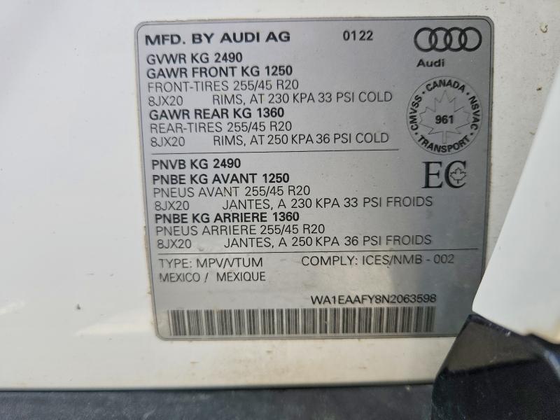 63549886 :رقم المزاد ، WA1EAAFY8N2063598 vin ، 2022 Audi Q5 مزاد بيع