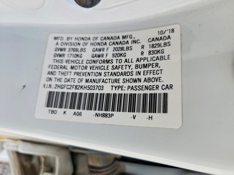 64611296 :رقم المزاد ، 2HGFC2F82KH503703 vin ، 2019 Honda Civic مزاد بيع