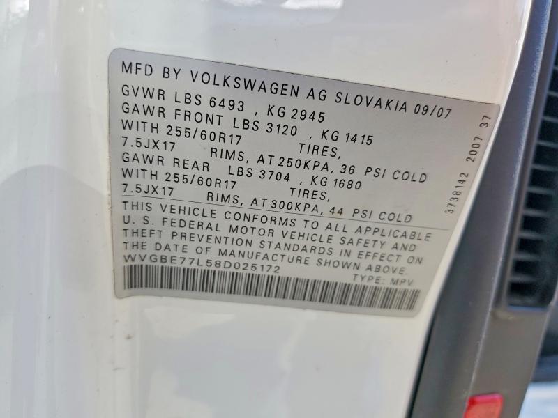 65397866 :رقم المزاد ، WVGBE77L58D025172 vin ، 2008 Volkswagen Touareg 2 مزاد بيع