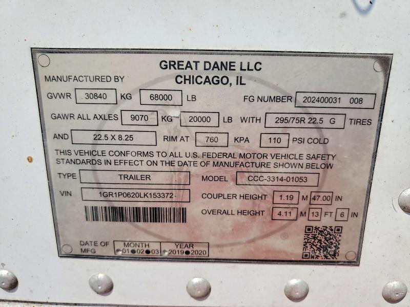61341966 :رقم المزاد ، 1GR1P0620LK153372 vin ، 2020 Great Dane Trailer Trailers مزاد بيع
