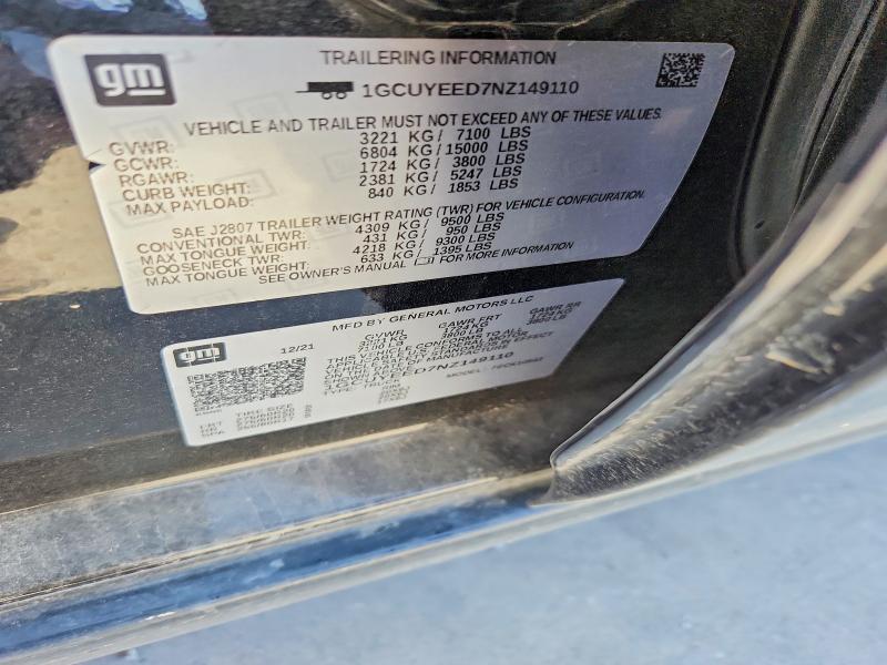 2022 Chevrolet Silverado Ltd მანქანა იყიდება აუქციონზე, vin: 1GCUYEED7NZ149110, აუქციონის ნომერი: 64494046