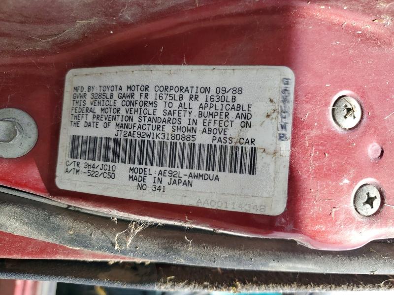 Aukcja sprzedaży 1988 Toyota Corolla, vin: JT2AE92W1K3180885, numer aukcji: 64872476