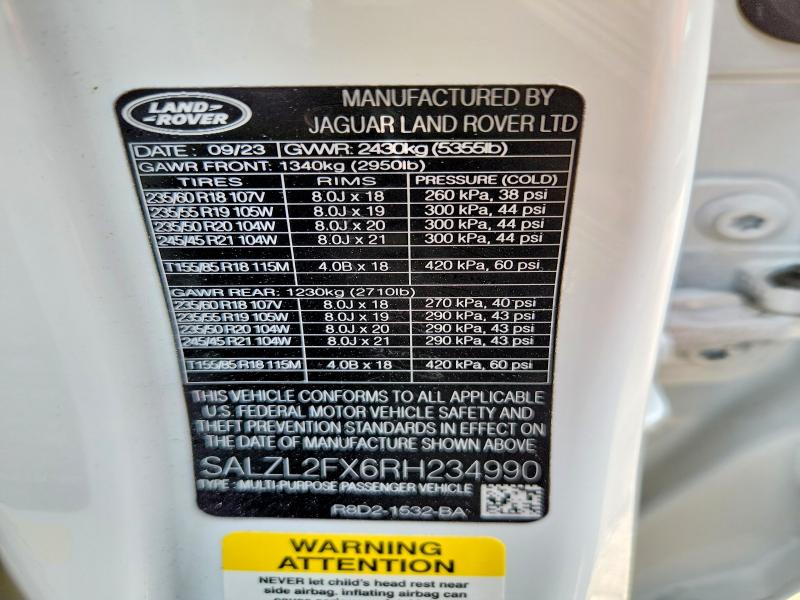 2024 Land Rover Range Rover Evoque მანქანა იყიდება აუქციონზე, vin: SALZL2FX6RH234990, აუქციონის ნომერი: 65522746
